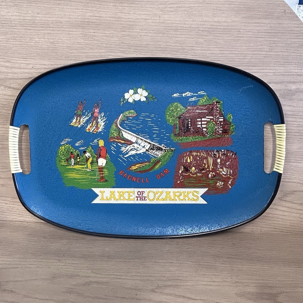 Vtg Blue Oval Serveing Tray Lake The Ozarks Golf Water Ski Bagnell Dam Japan